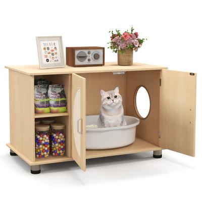 Costway Cat Litter Box Enclosure with Sisal Scratching Doors and Adjustable Metal Feet-Natural