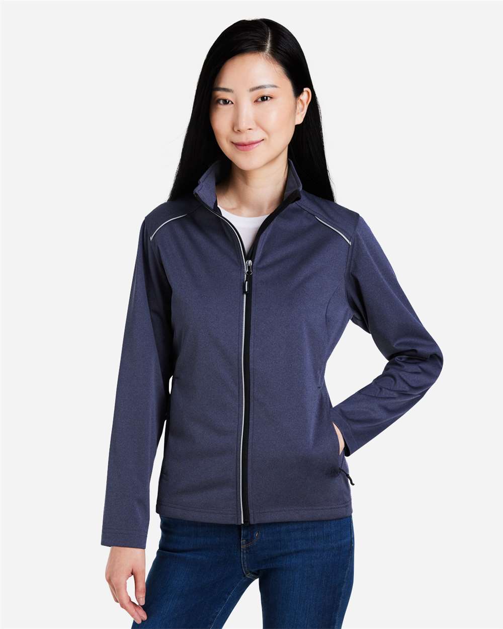 CORE365 CE708W Women's Techno Lite Three-Layer Knit Tech-Shell Jacket in Classic Navy Blue Heather size Small | Polyester