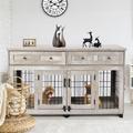 Dog Crate Double Dog Crate Dog Crate with DDrawers Dog Crate with Partitions Wooden Dog Crate Dog Crate Furniture 58 inch Wooden Dog Crate Table 5 door Indoor Dog Crate with Storage Gray