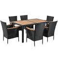 7-Pcs Outdoor Patio Furniture Set Garden PE Rattan Wicker Dining Table&Chairs Set Acacia Wood Tabletop Stackable Armrest Chairs