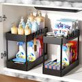 Naiyafly Under Sink Organizers and Storage 2Pcs Kitchen Organization and Storage with Pull Out Sliding Drawer 2-Tier L-Shape Under Sink Shelves with 1Pc Hanging Cups and 4Pcs Hooks