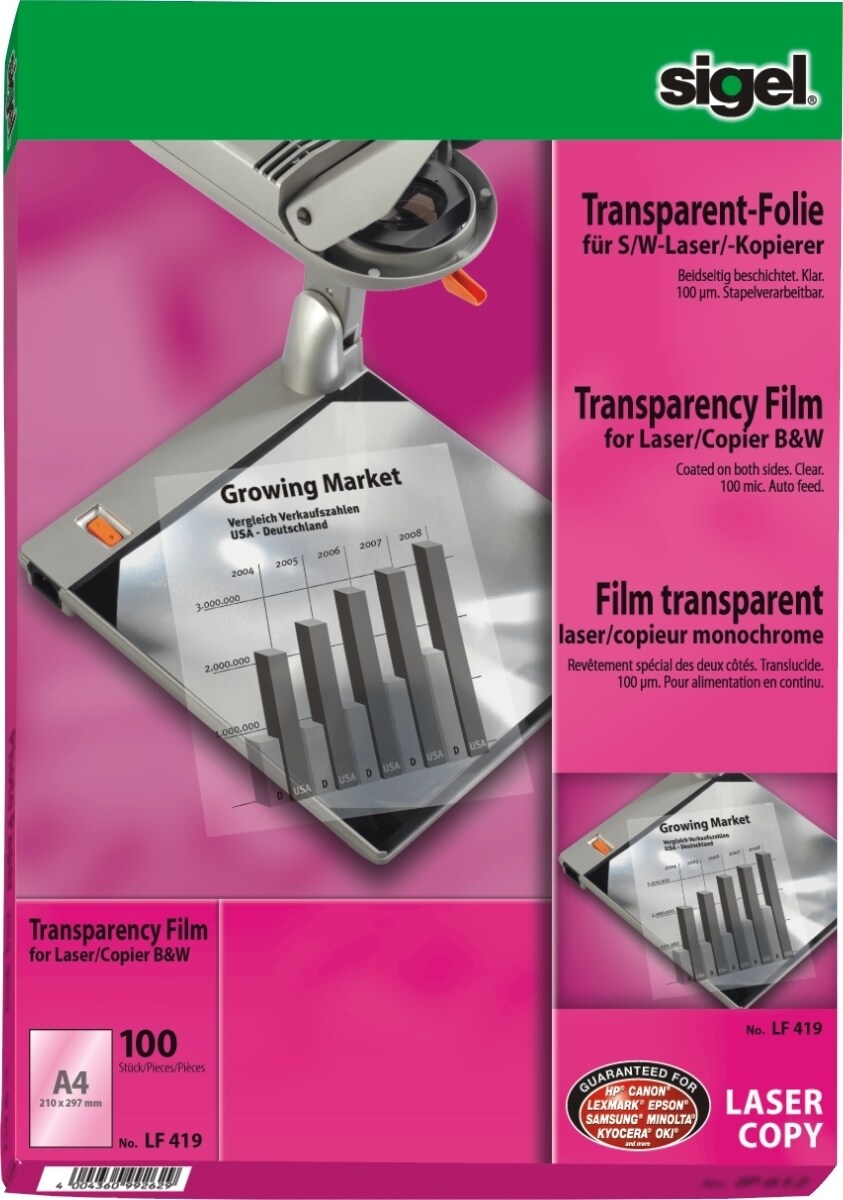 Sigel S/W-Laser/-Kopier-Folie transparent A4 100qm klar beschichtet stapelverarbeitbar VE=100 Blatt Image