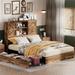 Wood Platform Bed Frame with Headboard, Queen Size Bed Frames with Sliding Barn Door Bookcase Cabinets, 4 Drawers