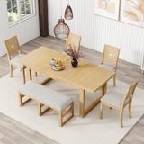 Modern 78 inch 6-Piece Extendable Dining Table Set, 4 Upholstered Dining Chairs and Dining Bench, 18" Butterfly Leaf