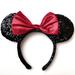 Disney Other | Disney Parks Black Sequin Red Metallic Bow Minnie Mouse Ears | Color: Black/Red | Size: Os