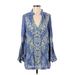 Free People Casual Dress - Shift V-Neck Long sleeves: Blue Paisley Dresses - Women's Size X-Small - Print Wash