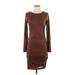 BTFBM Casual Dress - Bodycon Crew Neck Long sleeves: Brown Solid Dresses - Women's Size Small