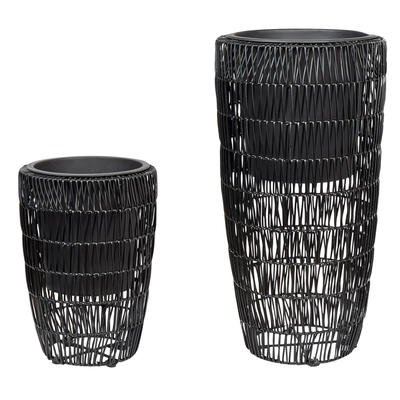 Blumentopf 2er Set Schwarz Rattan mit Innentopf Rund Bauchig Geflochten Verschiedene Größen 40 cm und 66 cm Hoch Modern 