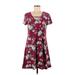 Pink Rose Casual Dress - A-Line Scoop Neck Short sleeves: Burgundy Floral Dresses - Women's Size Medium