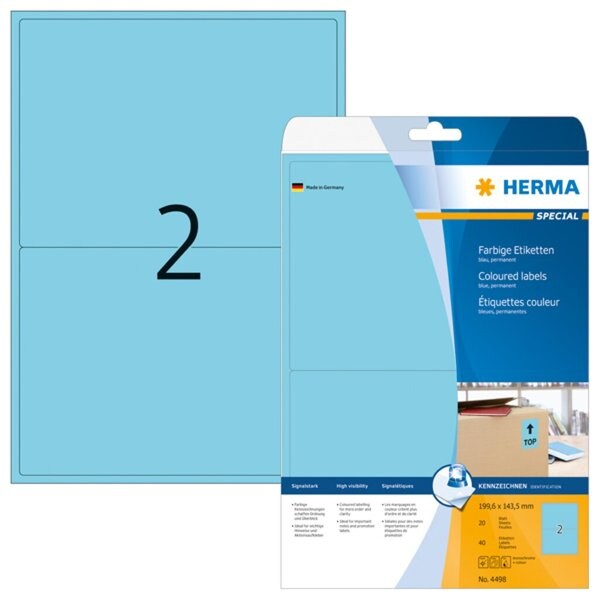 HERMA Farbige Etiketten 199,6 x 143,5 mm, 40 Etiketten, blau, ablösbar Image