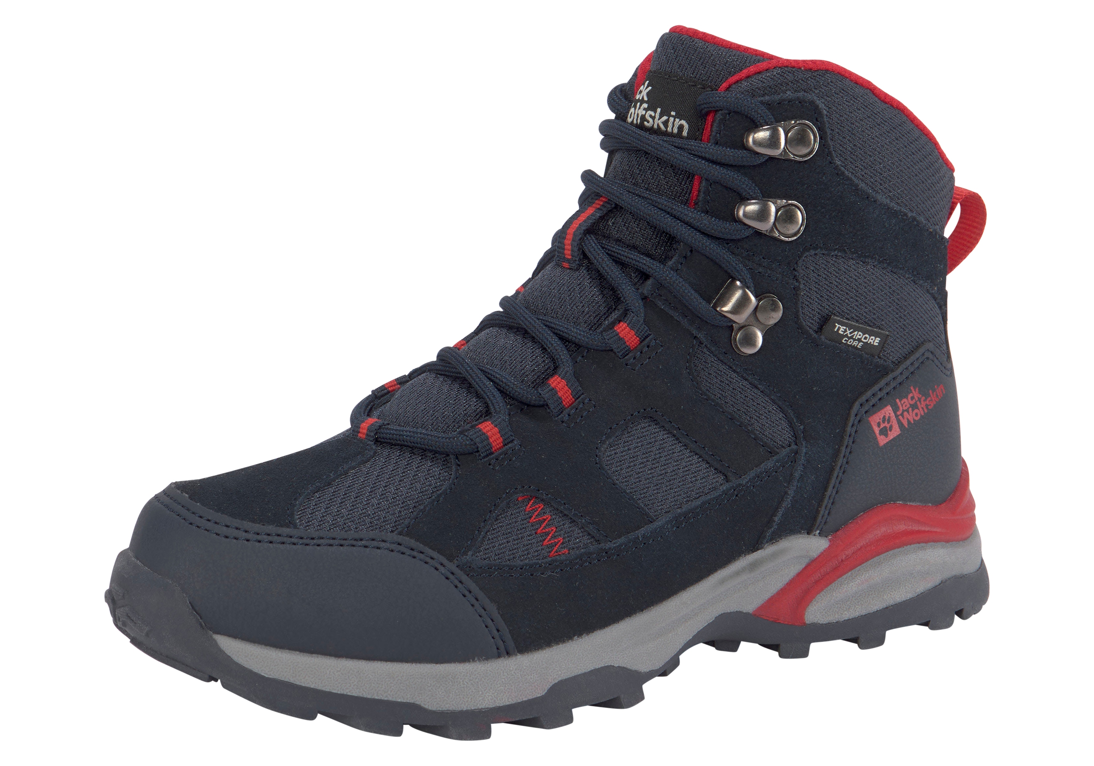 Wanderschuh JACK WOLFSKIN "TRAIL HIKER TEXAPORE MID K", Kinder, Gr. 35, blau (night blau), Leder, Textil, Schuhe Wanderschuh, wasserdicht, Trekkingschuh