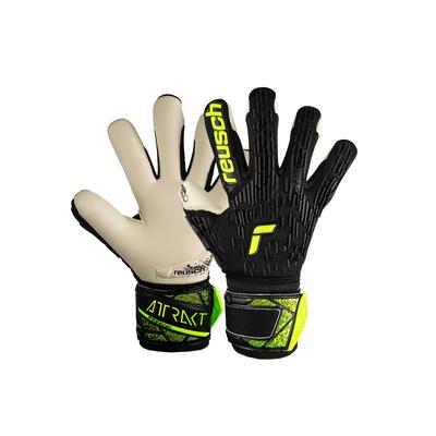 Torwarthandschuhe REUSCH "Attrakt Freegel Gold Junior", Kinder, Gr. 7, schwarz (schwarz, gelb), 55% Elastodien, 30% Polyester, 10% Polypropylen, 5% Polyurethan, mehrfarbig, sportlich, Handschuhe, mit Finger Support Evolution Negative Cut