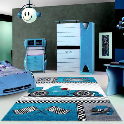 Kinderteppich AYYILDIZ TEPPICHE "Kids 460", blau, B:140cm H:12mm L:200cm, Kunstfaser, Teppiche, Kurzflor, Motiv Rennwagen, Auto, Spielteppich Image