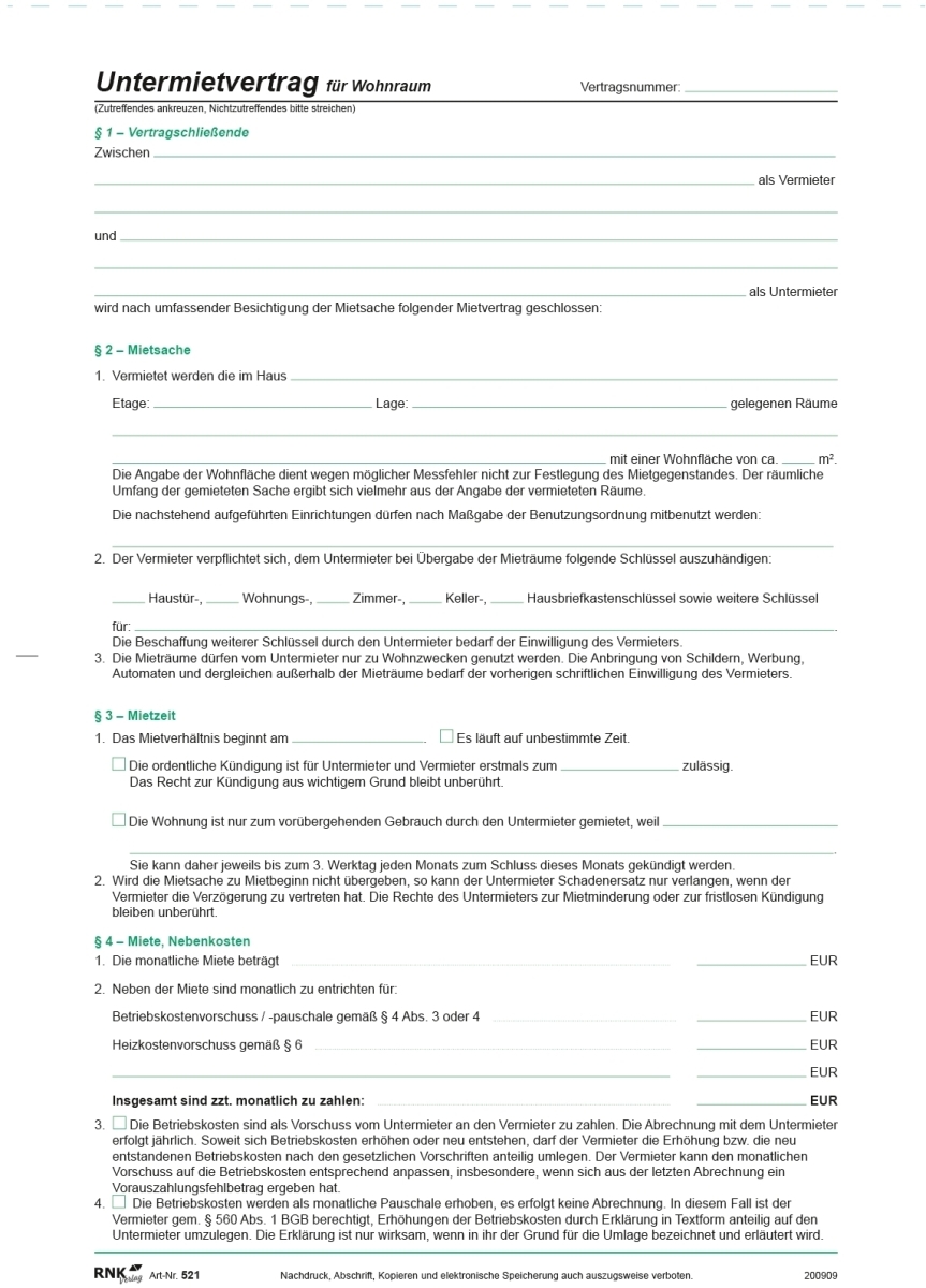 RNK Untermietvertrag für Wohnräume SD 2x2 Blatt A4 Image