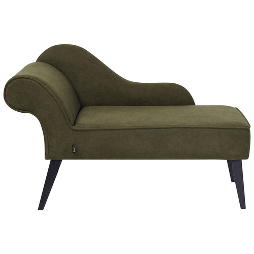 Chaiselongue Olivgrün Stoffbezug Linksseitig mit Armlehne hoher Rückenlehne Schwarzen Holzbeinen Retro Wohnzimmer Récamiere Liegesofa