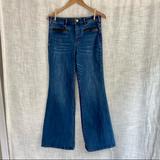 Anthropologie Jeans | Anthropologie Leather Trim Stet Flare Western Bell Bottom Jean | Color: Blue/Brown | Size: 30