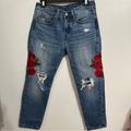 Levi's Jeans | Levi's 501 Floral Embroidered Distressed Holes Cropped Tapered Jeans Sz 26 | Color: Blue/Red | Size: 26