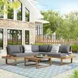 OC Orange-Casual Outdoor 4-Piece Acacia Wood Furniture Set All-Weather Patio Sectional Sofa Set Rope Lounge Couch with Wood Table Gray Cushion