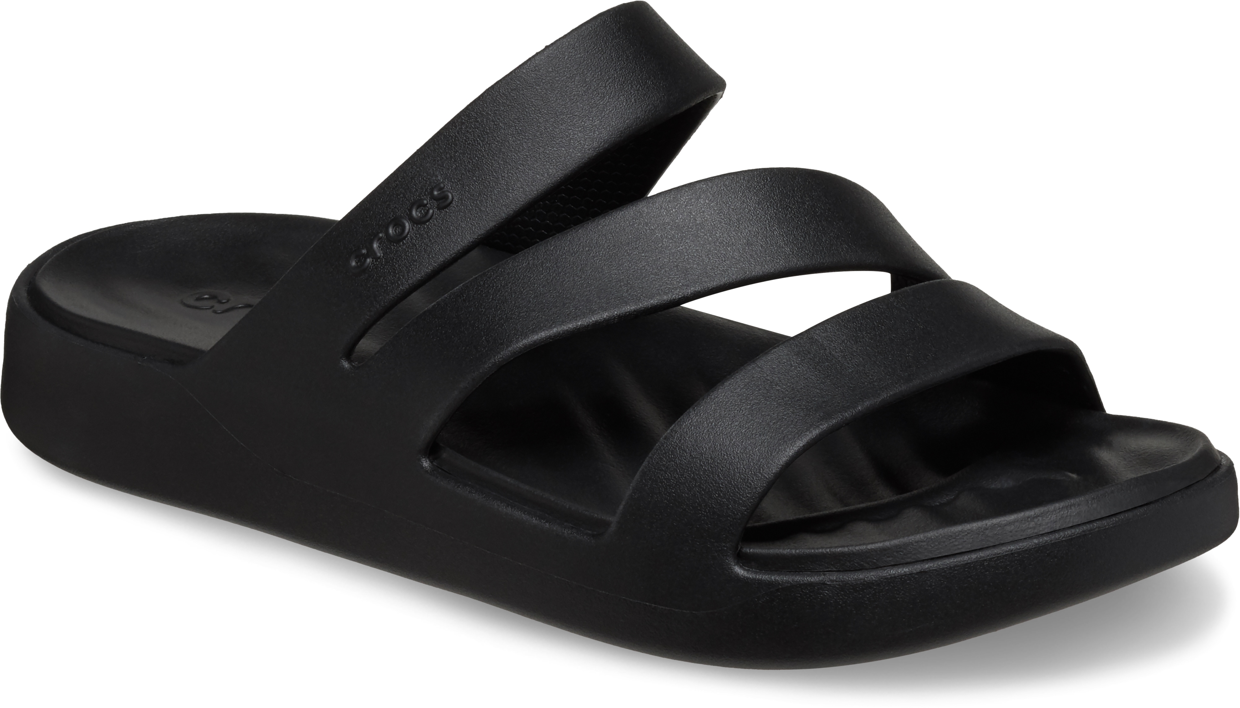 Badepantolette CROCS "Getaway Strappy", Damen, Gr. 38, schwarz, Croslite™, unifarben, Schuhe Badelatschen Pantolette, Sommerschuh, Badeschuh, Poolslides mit modischen Riemchen, Topseller