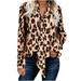 Leopard Print Tops Women s Spring Autumn Tie Collar V-Neck Dressy Casual Loose Lace-Up Long Sleeve Blouses (Large Brown)