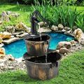 Water Fountain Outdoor Waterfall Barrel 2-Tier Barrel and Pump Waterfall Fountain W/Realistic Faux Wood Barrels & Pump Head Garden Pump Barrel Fountain for Patio Deck Backyard Decor