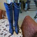 Zara Shoes | New Zara Stone Wash Denim Fabric Cowboy Boots Size Us 6m. | Color: Blue | Size: 6