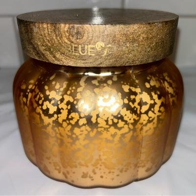 Anthropologie Accents | Anthropologie Candle Capri Blue Glass Mercury Jar Pumpkin Clove Wood Lid 19 Oz | Color: Cream/Gold | Size: Os