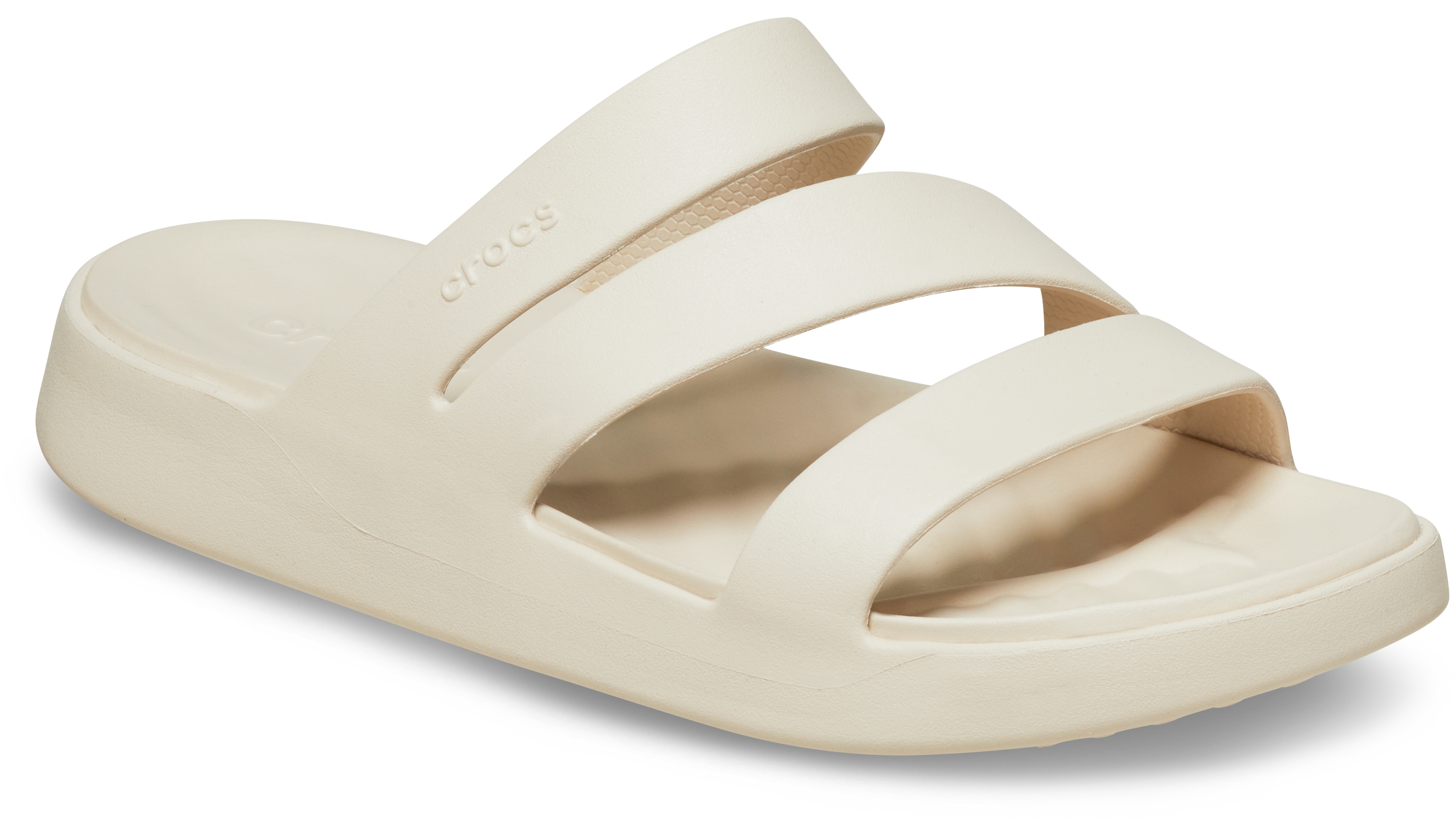 Badepantolette CROCS "Getaway Strappy", Damen, Gr. 37, beige (sanftes weiß), Croslite™, unifarben, Schuhe Badelatschen Pantolette, Sommerschuh, Badeschuh, Poolslides mit modischen Riemchen