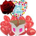 Romantic Hugs & Kisses Rainbow Hearts Helium Inflated Balloon with 12 Mini Red Heart Air-Filled Balloons and Single Luxury Red Rose all delivered in a box