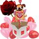 Romantic Pugs & Kisses 36" Helium Inflated Balloon with 12 Mini Red and Pink Heart Air-Filled Balloons and Single Luxury Red Rose all delivered in a box