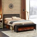 17 Stories Charos 2 Piece Bedroom Set (Upholstered Bench Metal Bed Frame, Electric Fireplace Recessed) in Brown | Wayfair