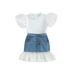 Eyicmarn Girl Two Piece Set Round Neck Short Sleeve Dot Mesh Decor T-shirt Denim Lace Hem Elastic Skirt