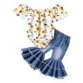 Baby Girl Flare Jeans Outfit Sunflower Romper Off Shoulder Short Sleeve Bodysuit Tops Bell Bottoms Ripped Denim Jeans (White Blue 0-3 Months)