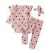 Elainilye Fashion Baby Girls Shirts Sets Heart Print Ruffle Romper Pants Headband Clothes Suit 3 Piece For Toddler Newborn Pink