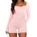 Pudcoco Women Sweetheart Neck Rompers Long Sleeve Ruched Front Jumpsuit Shorts