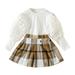 Cute Fall Outfits For Toddler Kids Baby Puff Sleeve Long Sleeve T Shirt Tops Button Woolen Plaid Skirts 2Pcs Princess Clothes Set Baby Outfit Sets Brown 1 Years-2 Years