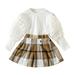 Cute Fall Outfits For Toddler Kids Baby Puff Sleeve Long Sleeve T Shirt Tops Button Woolen Plaid Skirts 2Pcs Princess Clothes Set Baby Outfit Sets Unisex Brown 3 Years-4 Years
