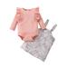 Rovga Outfit For Children Children Girls Winter Long Sleeve Ribbed Tops Flower Suspender Dress Set 2Pcs Outfits Clothes Set For Kids