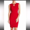 Nine West Dresses | - Nine West Fire Red Beaded Keyhole Neck Stretch Crepe Sheath Dress S2 | Color: Red | Size: 2