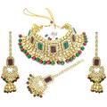 I Jewels 18K Gold Plated Indian Wedding Bollywood Handcrafted Faux Kundan & Pearl Studded Bridal Choker Necklace Jewellery Set with Earrings & Maang Tikka (IJ401MG)