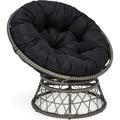 KROFEM Comfy Rattan Wicker Papasan Circle Chair Living Room Chair 360 Swivel Saucer Ideal for Patio Bedroom Living Room Indoor and Outdoor Grey Frame with Black Cushion