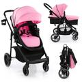 COSTWAY 2 in 1 Baby Pushchair, Foldable Travel System Pram with Reversible Seat, Adjustable Canopy, Storage Basket, Cup Holder, Lightweight Infant Stroller for 0-36 Months (Pink)