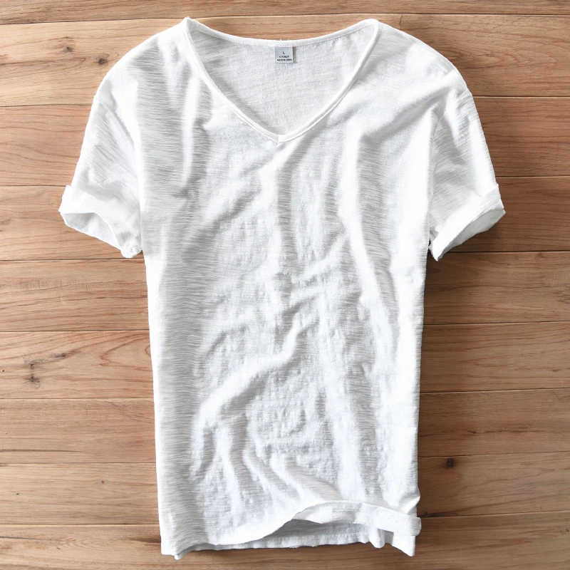 100% coton à manches courtes col en v T-Shirt hommes solide blanc hommes T-Shirt été confortable et respirant doux T-Shirt hommes Camiseta