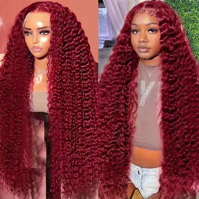 Perruque Brésilienne Naturelle Remy Cheveux Ondulés Couleur Rouge Bordeaux 99J 13x4 avec Bonnet