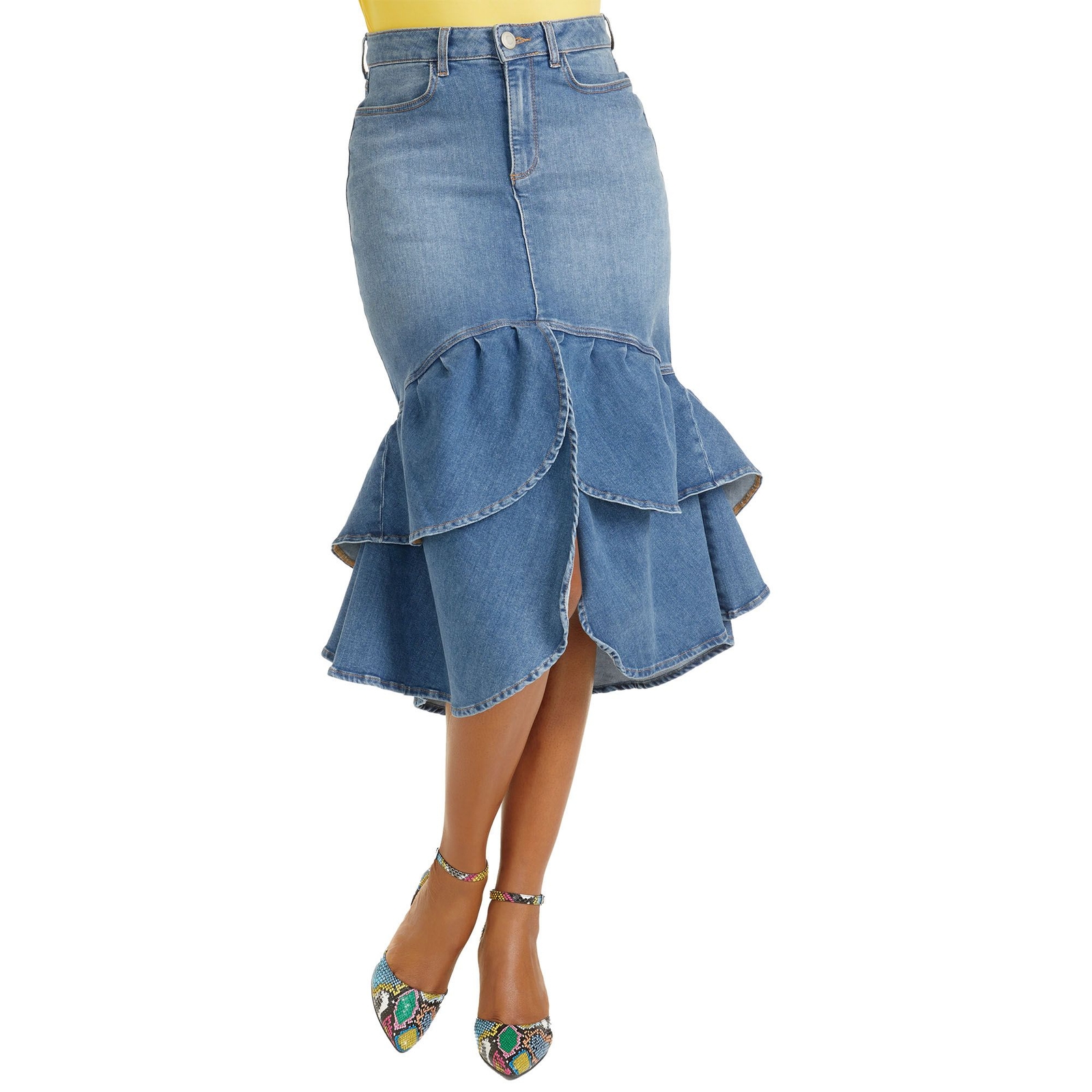 Masseys Ruffle Denim Skirt (Size 8) Medium Vintage Wash, Cotton,Denim,Polyester,Spandex