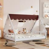 Wooden Full Size Tent Bed for Kids - Platform Bed with Fence and Roof White+Brown Tent Shape Design Enhanced Sleeping Environment Easy Assembly Unparalleled Quality