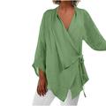 Posijego Cotton Linen Shirts for Women V Neck Wrap 3/4 Sleeve Dressy Casual Blouses Summer Tops Plus Size