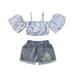 Douhoow 0-3Y Baby Girl Off Shoulder Floral Striped Strap Top+Ripped Denim Shorts Kids 2Pcs Outfits