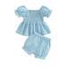 TheFound Infant Baby Girls Summer Outfit Stripe Short Puff Sleeve Ruched Dress Tops Elastic Waist Shorts 2Pcs Clothes