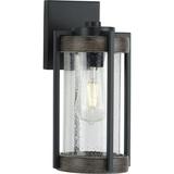 Whitmire Collection One-Light Matte Black with Aged Oak Accents Clear Seeded Glass Farmhouse Outdoor Wall Lantern Light